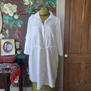 Intro White Button Front Shirt Dress | Drawstring Waist | Size Large